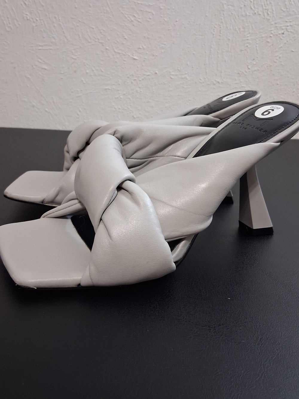 Marc Fisher Light Gray Knotted Square-Toe Mule Heels